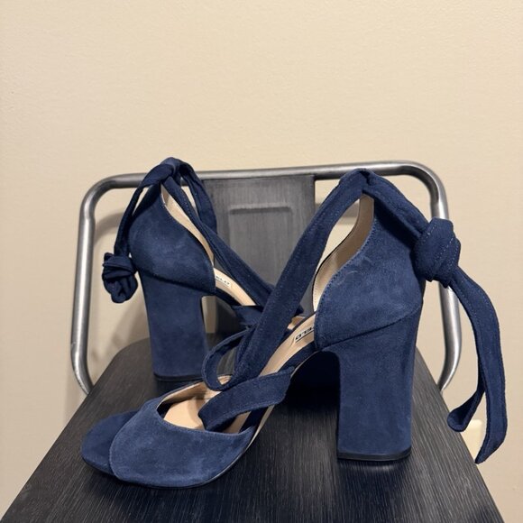 Karl Lagerfeld Paris Navy Blue Suede Ankle Strap Block Heels - Picture 4 of 13